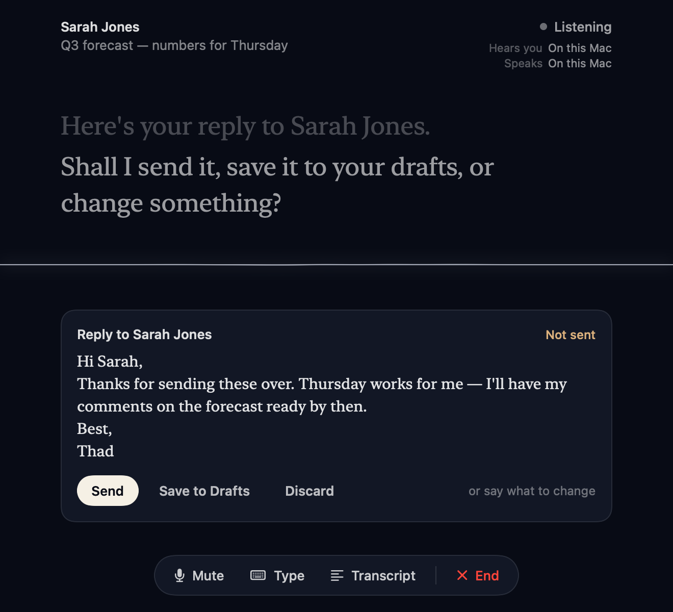 A reply to Sarah Jones shown as 'Not sent', with Send, Save to Drafts and Discard