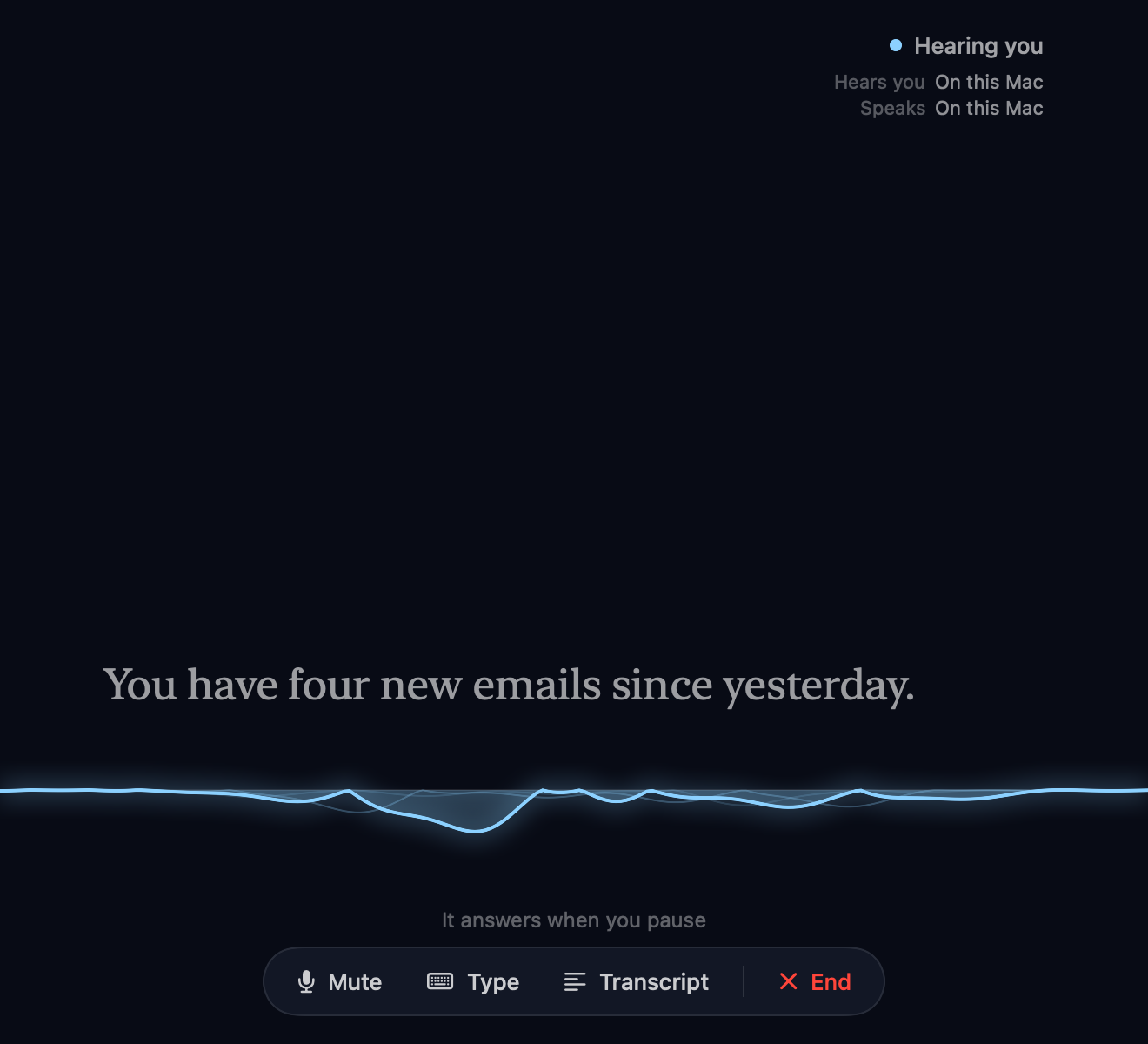 SecondSight hearing you, with a blue voice line and the words 'You have four new emails since yesterday'