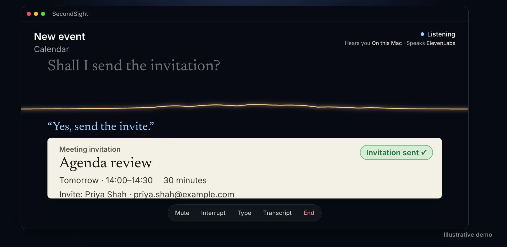 A meeting invitation for 'Agenda review' with Priya Shah, tomorrow 14:00 to 14:30, marked Invitation sent