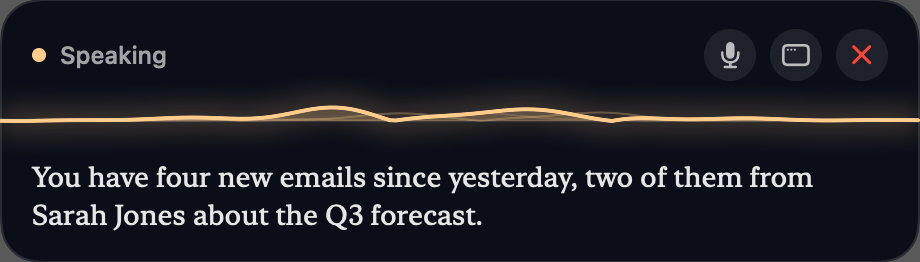 The SecondSight floating strip speaking: 'You have four new emails since yesterday, two of them from Sarah Jones about the Q3 forecast.'