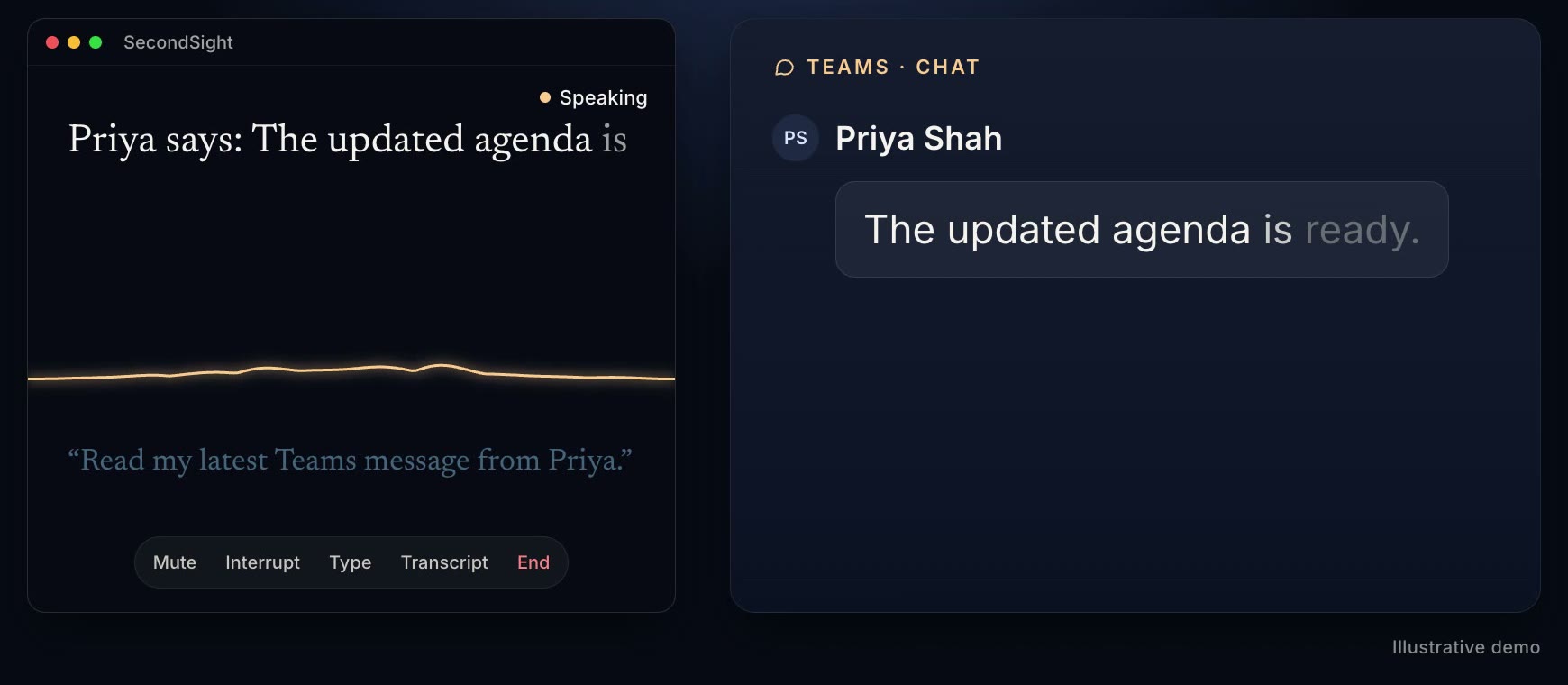 SecondSight reading a Teams message from Priya Shah: 'The updated agenda is ready.'